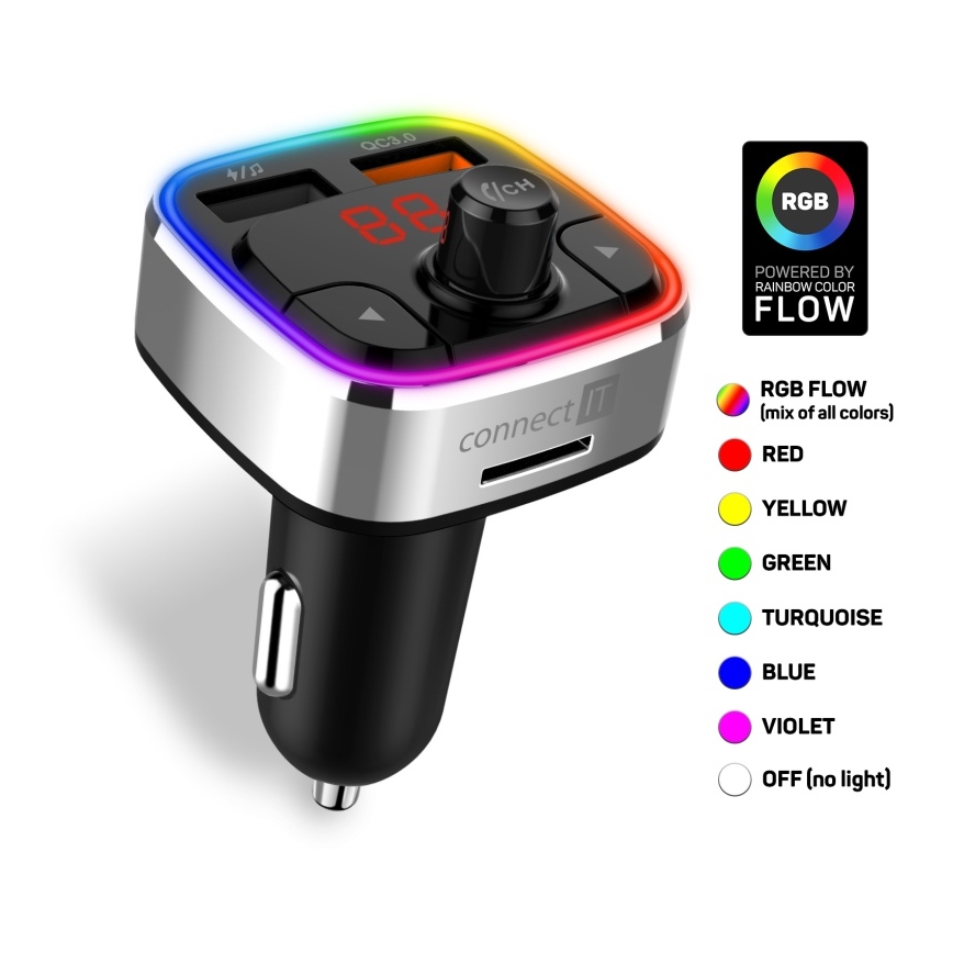 CONNECT IT CCC-9090-SL - LED RGB FM-sender til bil m. håndfri funktion sort/sølvfarvet
