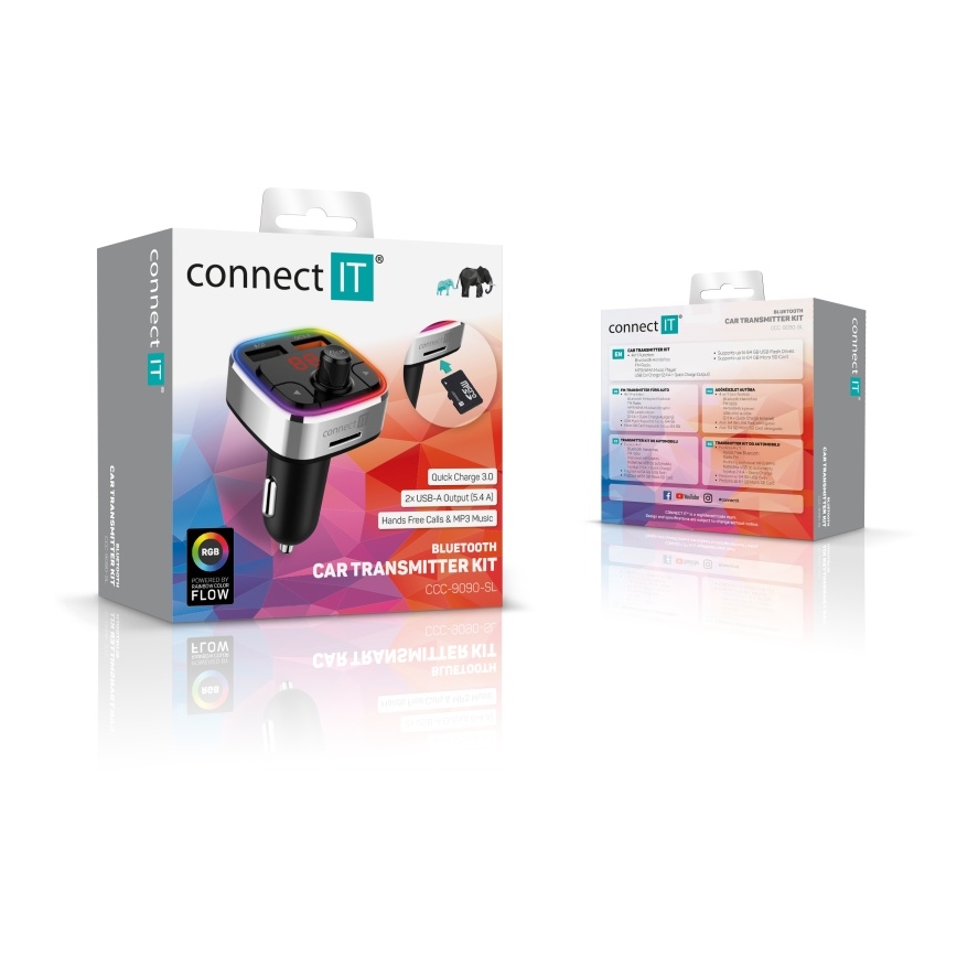 CONNECT IT CCC-9090-SL - LED RGB FM-sender til bil m. håndfri funktion sort/sølvfarvet