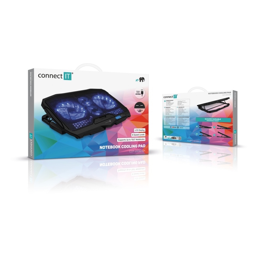 CONNECT IT CCP-2200-BK - Kølemåtte til laptop 4x ventilator 2xUSB sort//blå
