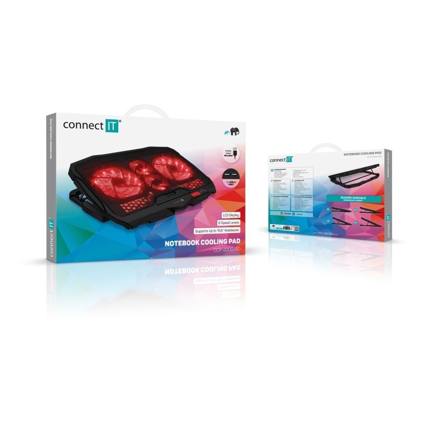 CONNECT IT CCP-2200-RD - Kølemåtte til laptop 4x ventilator 2xUSB sort/rød