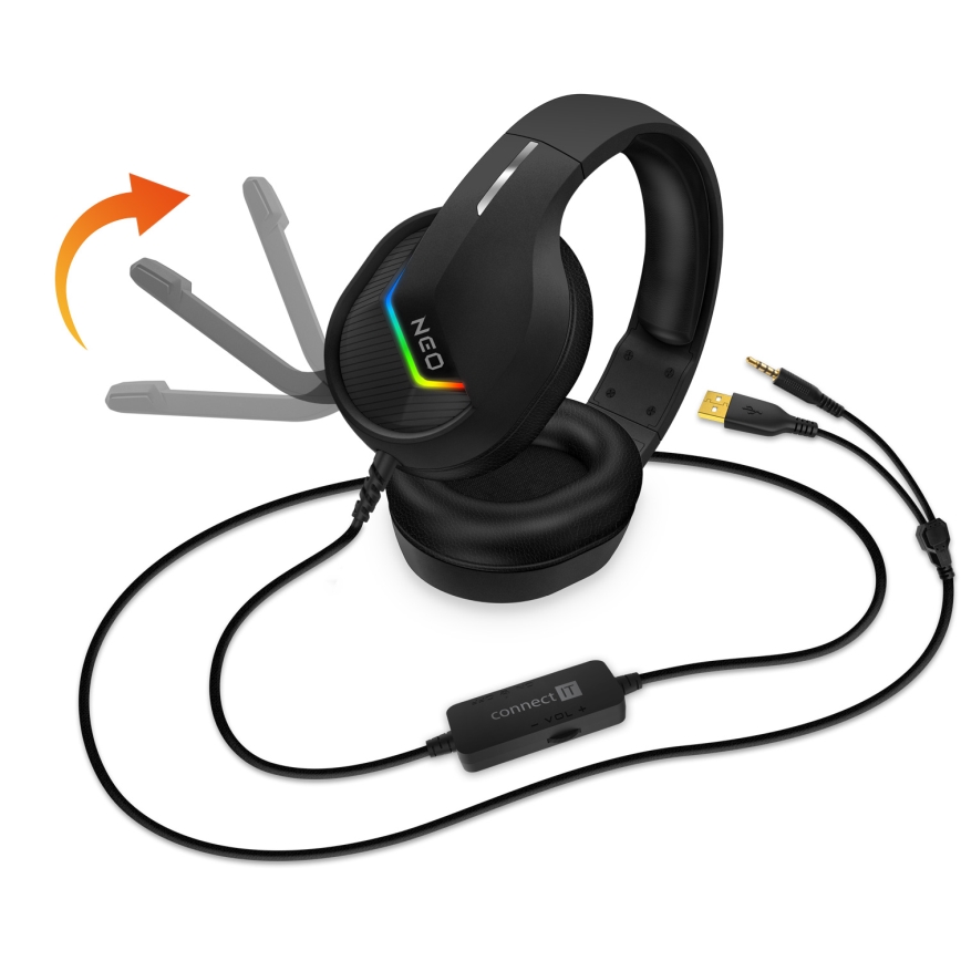 CONNECT IT CHP-3595-BK - LED gaming-høretelefoner m. kabel + mikrofon og RGB-farver sort