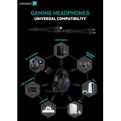 CONNECT IT CHP-3595-BK - LED gaming-høretelefoner m. kabel + mikrofon og RGB-farver sort