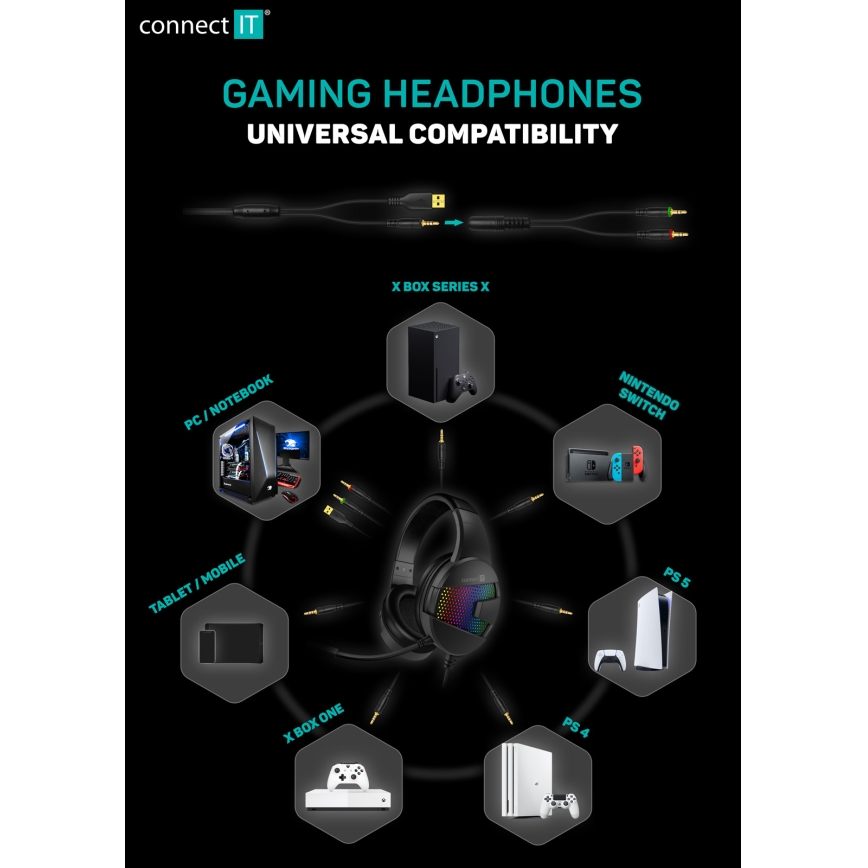 CONNECT IT CHP-3595-BK - LED gaming-høretelefoner m. kabel + mikrofon og RGB-farver sort