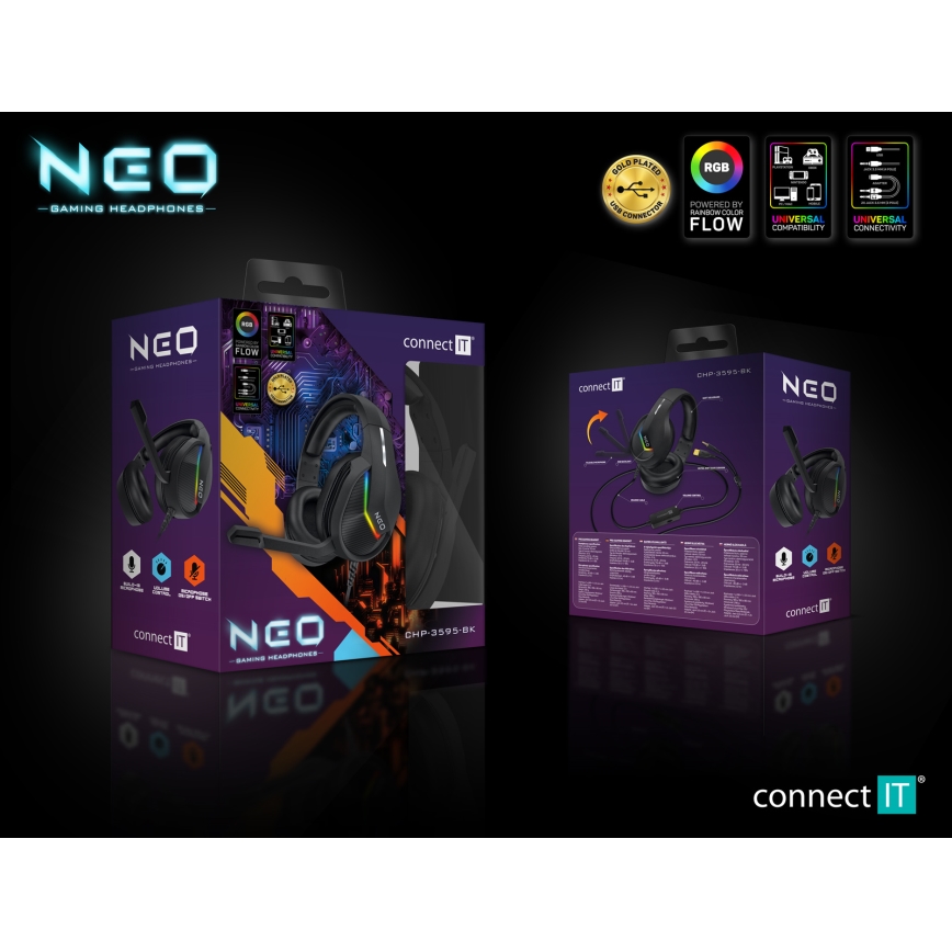 CONNECT IT CHP-3595-BK - LED gaming-høretelefoner m. kabel + mikrofon og RGB-farver sort