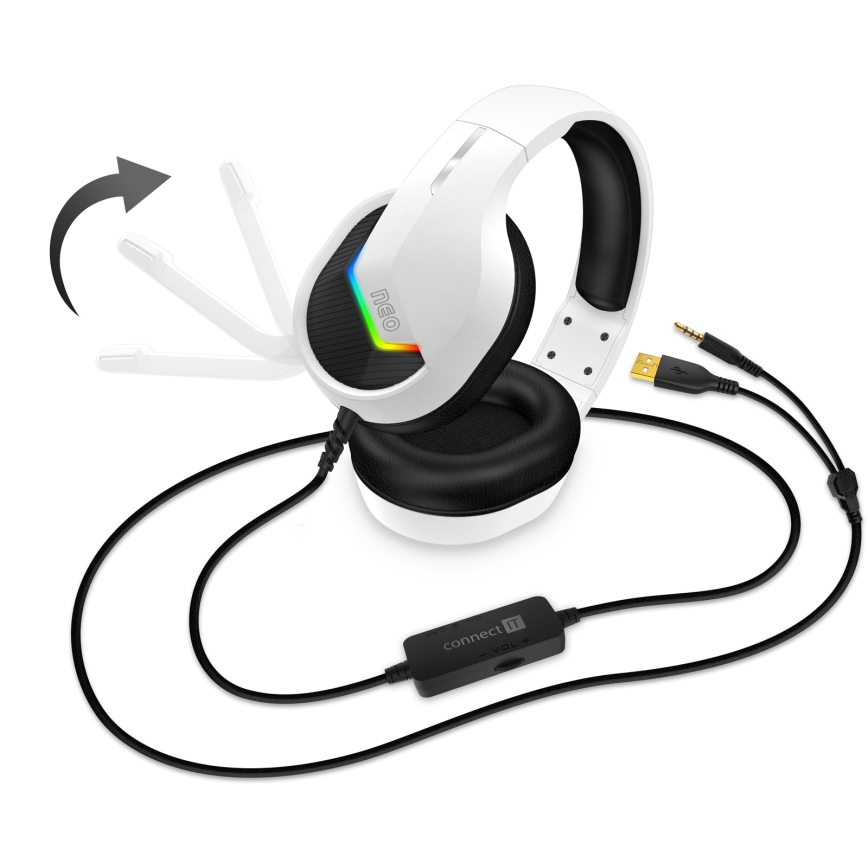 CONNECT IT CHP-3595-WH - LED RGB Gaming-høretelefoner m. kabel med mikrofon hvid/sort