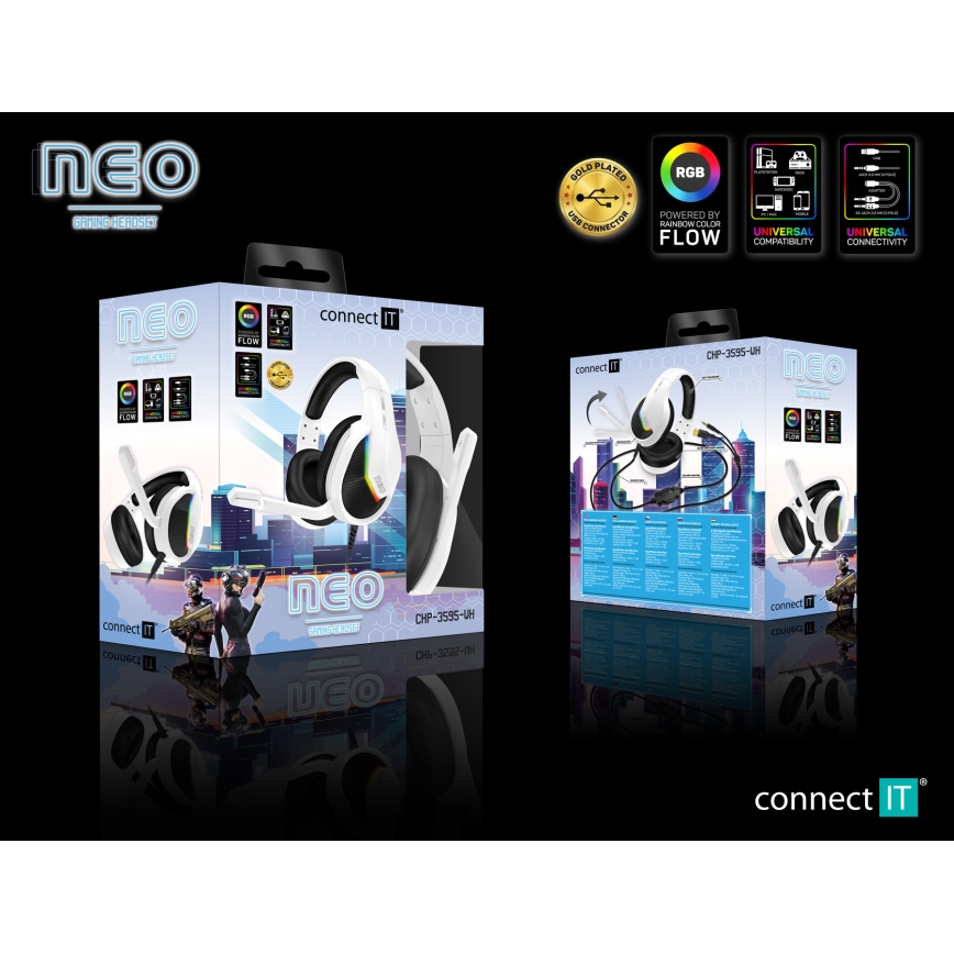 CONNECT IT CHP-3595-WH - LED RGB Gaming-høretelefoner m. kabel med mikrofon hvid/sort