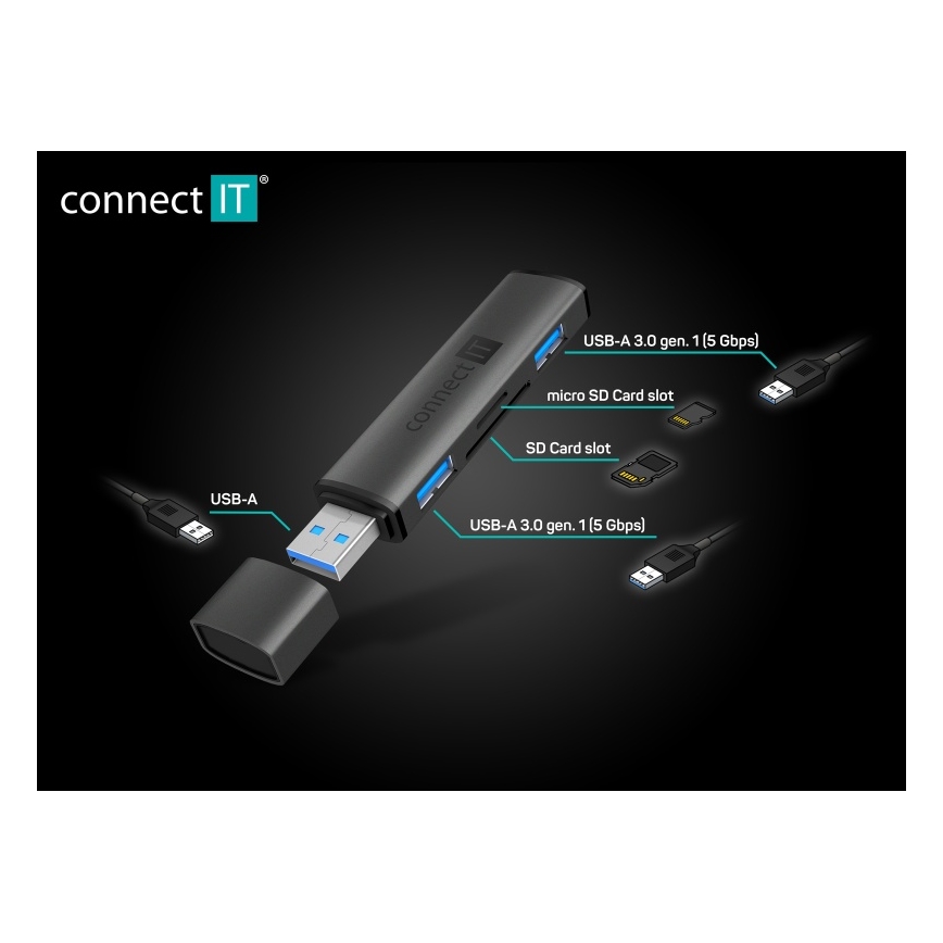 CONNECT IT CHU-4060-AN - USB-A hub m. hukommelseskortlæser 4-i-1