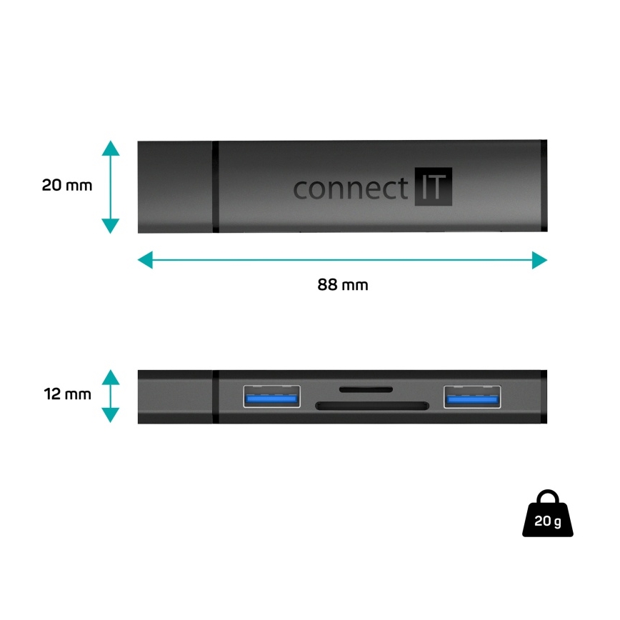 CONNECT IT CHU-4060-AN - USB-A hub m. hukommelseskortlæser 4-i-1