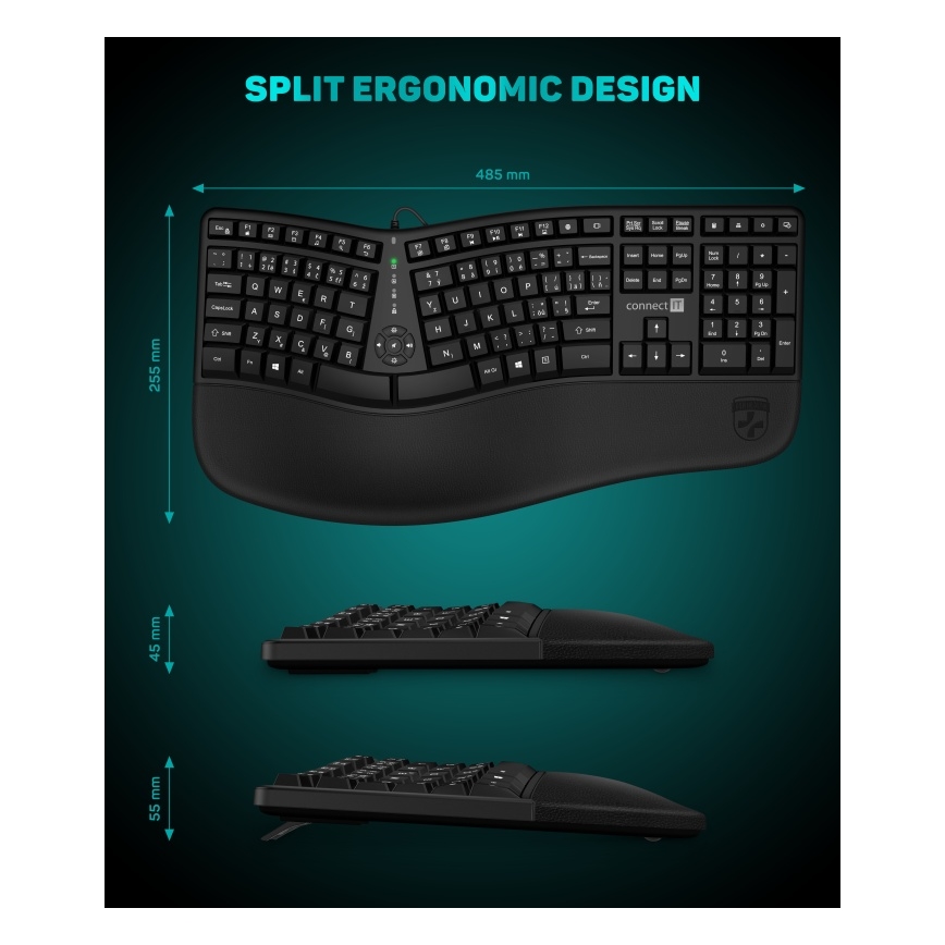 CONNECT IT CKB-2800-CS - Ergonomisk keyboard trådløs med CZ/SK localization sort