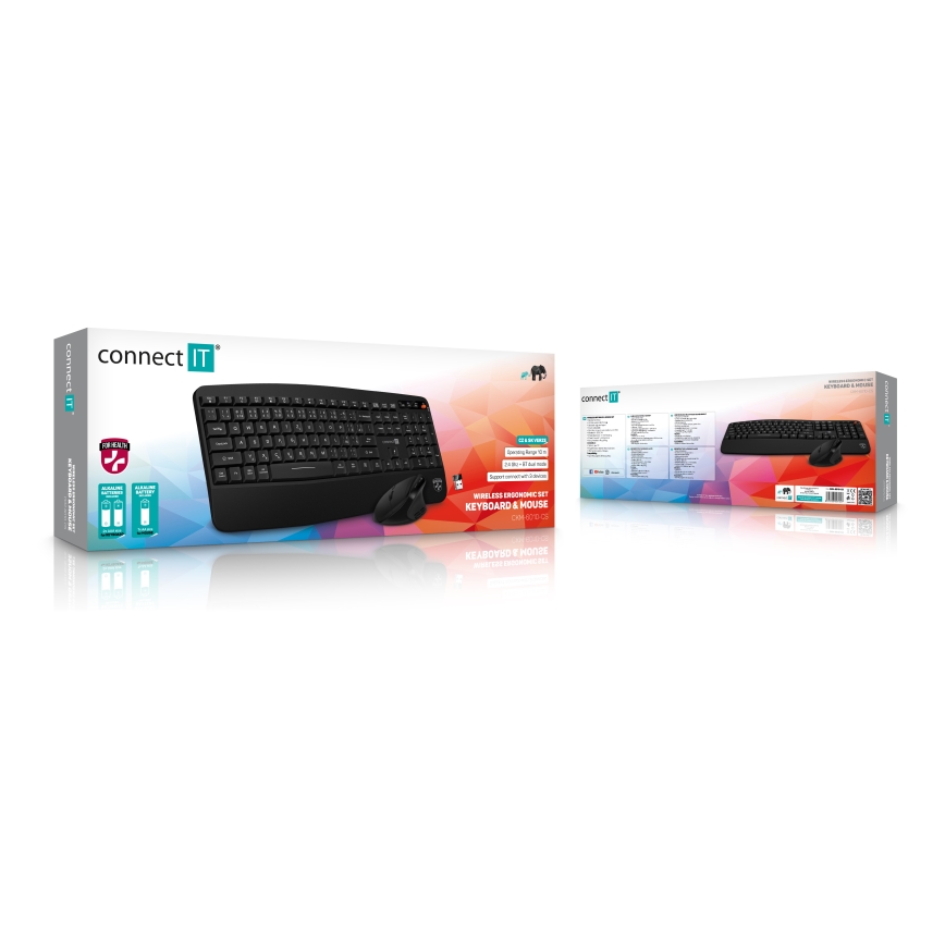 CONNECT IT CKM-6010-CS - Ergonomisk keyboard trådløs og mus 800/1200/1600/2400 DPI tjekkisk/slovakisk lokalisering 1xAA + 2xAAA sort