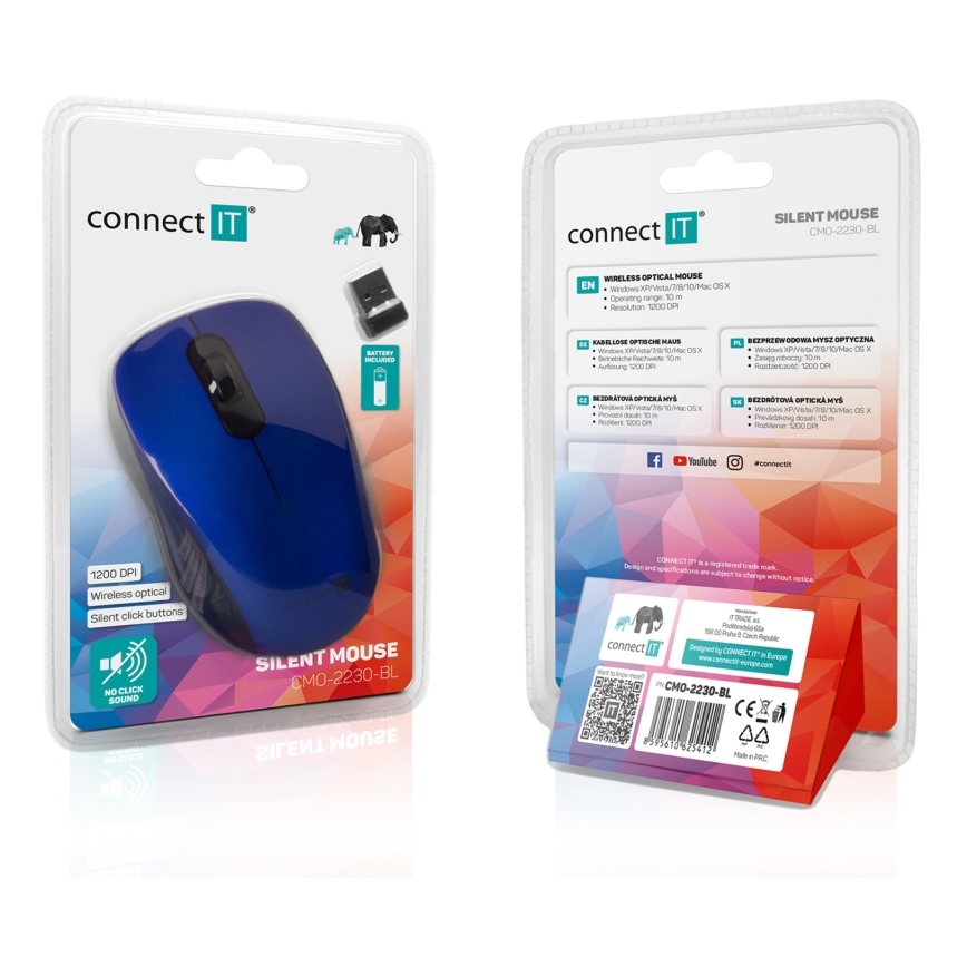 CONNECT IT CMO-2230-BL - Trådløs mus MUTE 1200 DPI 1xAA sort/blå