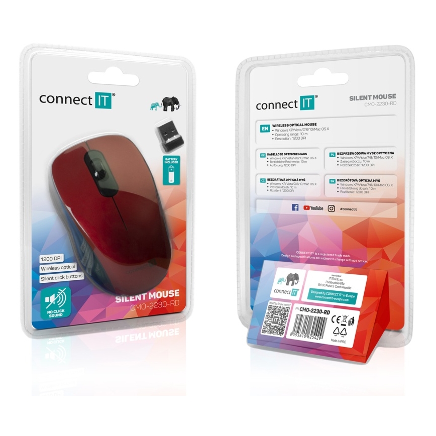 CONNECT IT CMO-2230-RD - Trådløs mus MUTE 1200 DPI 1xAA sort/rød