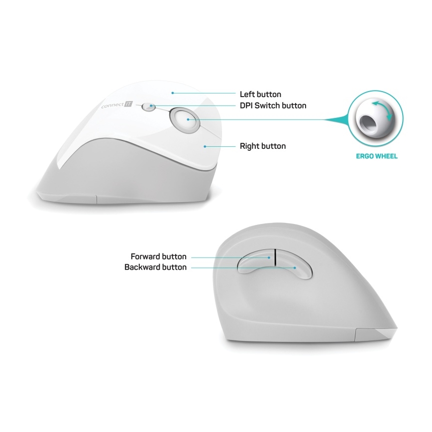 CONNECT IT CMO-2700-WH - Ergonomisk trådløs mus 800/1200/1600 DPI 1xAA hvid