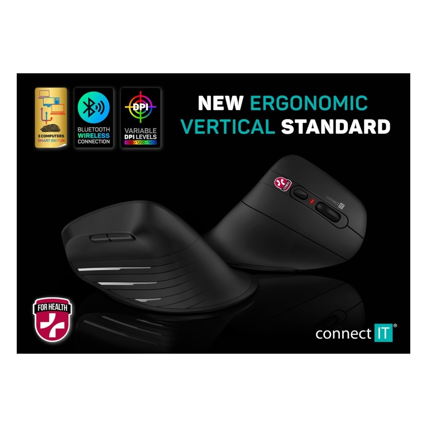 CONNECT IT CMO-2880-BK - Ergonomisk trådløs mus Verti TriMode 1000/1600/2400 DPI 2xAAA sort