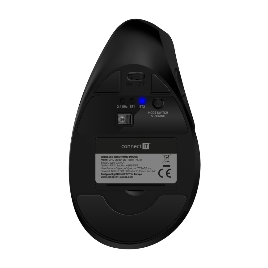 CONNECT IT CMO-2880-BK - Ergonomisk trådløs mus Verti TriMode 1000/1600/2400 DPI 2xAAA sort
