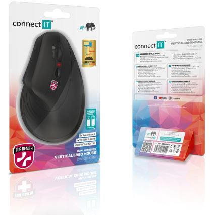CONNECT IT CMO-2880-BK - Ergonomisk trådløs mus Verti TriMode 1000/1600/2400 DPI 2xAAA sort