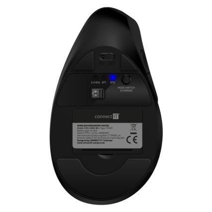 CONNECT IT CMO-2880-BK - Ergonomisk trådløs Verti TriMode-mus 1000/1600/2400 DPI 2xAAA sort