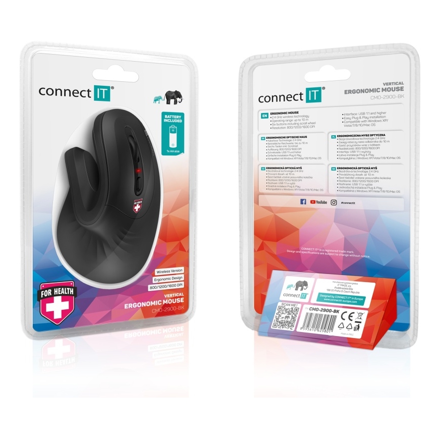 CONNECT IT CMO-2900-BK - Ergonomisk trådløs mus 800/1200/1600 DPI 1xAA sort