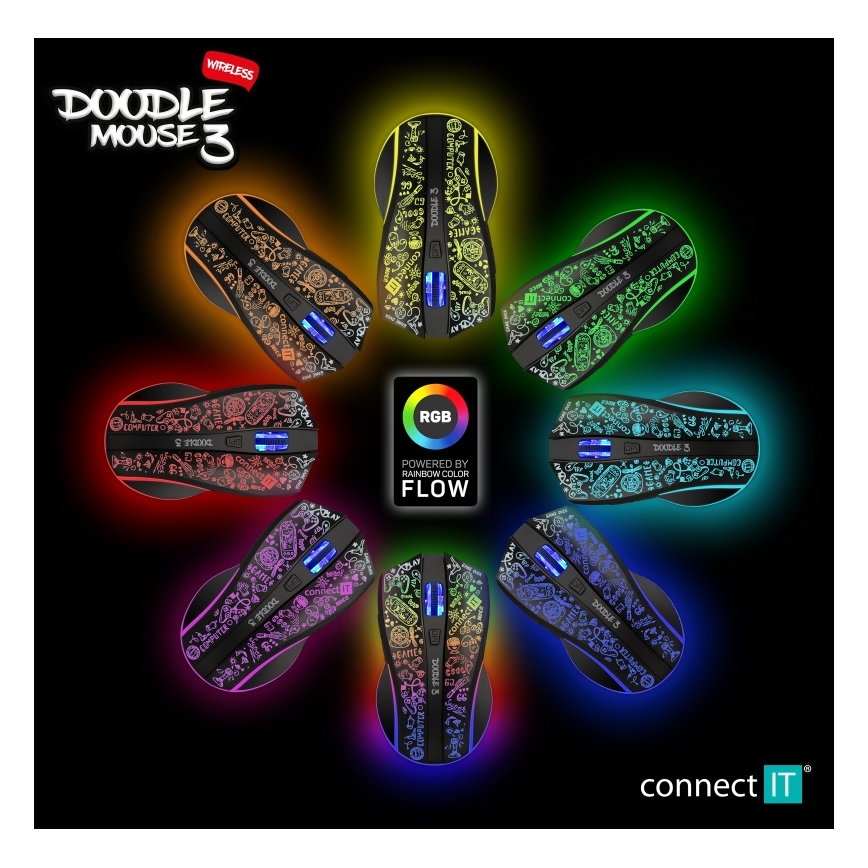 CONNECT IT CMO-3530-DD - Trådløs LED gaming-mus m. RGB-farver genopladelig 800/1200/1600/2400/4800 DPI 600 mAh sort