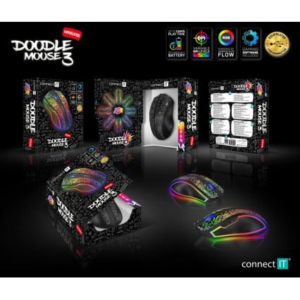 CONNECT IT CMO-3530-DD - Trådløs LED gaming-mus m. RGB-farver genopladelig 800/1200/1600/2400/4800 DPI 600 mAh sort