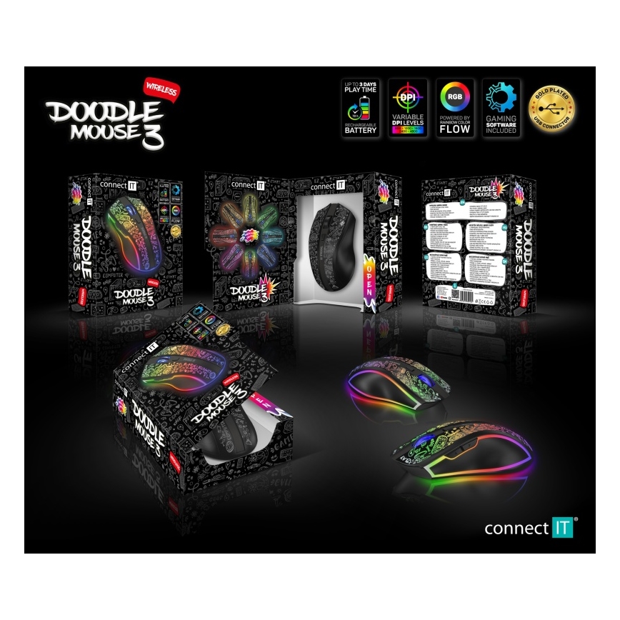 CONNECT IT CMO-3530-DD - Trådløs LED gaming-mus m. RGB-farver genopladelig 800/1200/1600/2400/4800 DPI 600 mAh sort