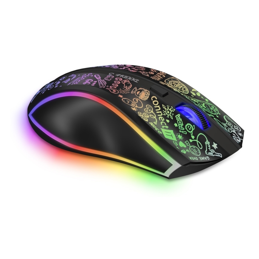 CONNECT IT CMO-3530-DD - Trådløs LED gaming-mus m. RGB-farver genopladelig 800/1200/1600/2400/4800 DPI 600 mAh sort