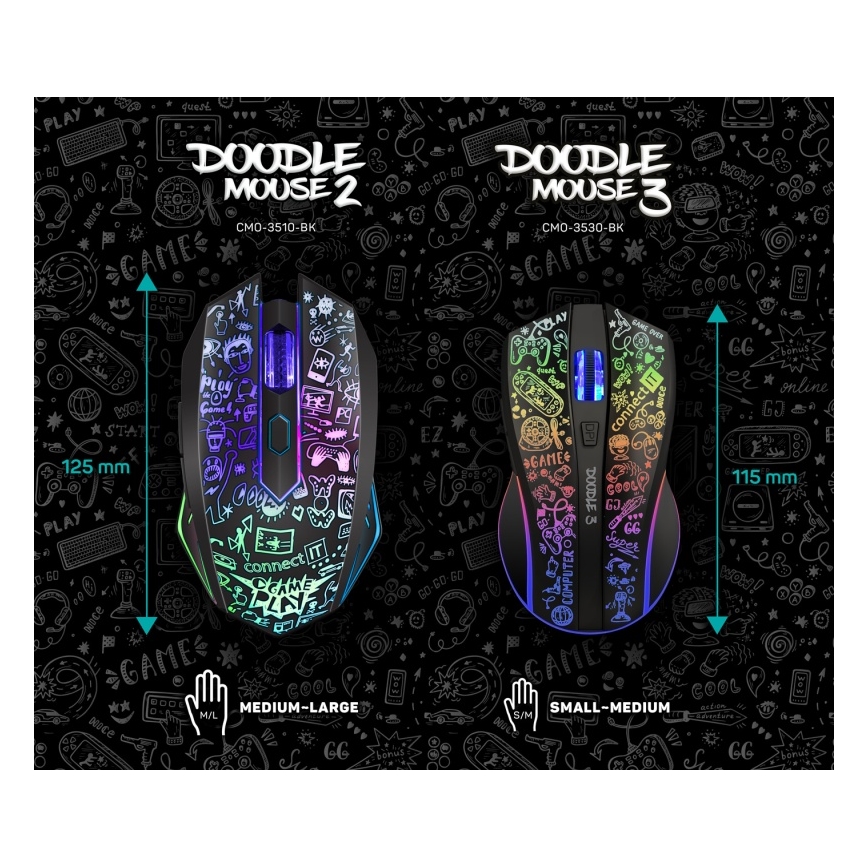 CONNECT IT CMO-3530-DD - Trådløs LED gaming-mus m. RGB-farver genopladelig 800/1200/1600/2400/4800 DPI 600 mAh sort