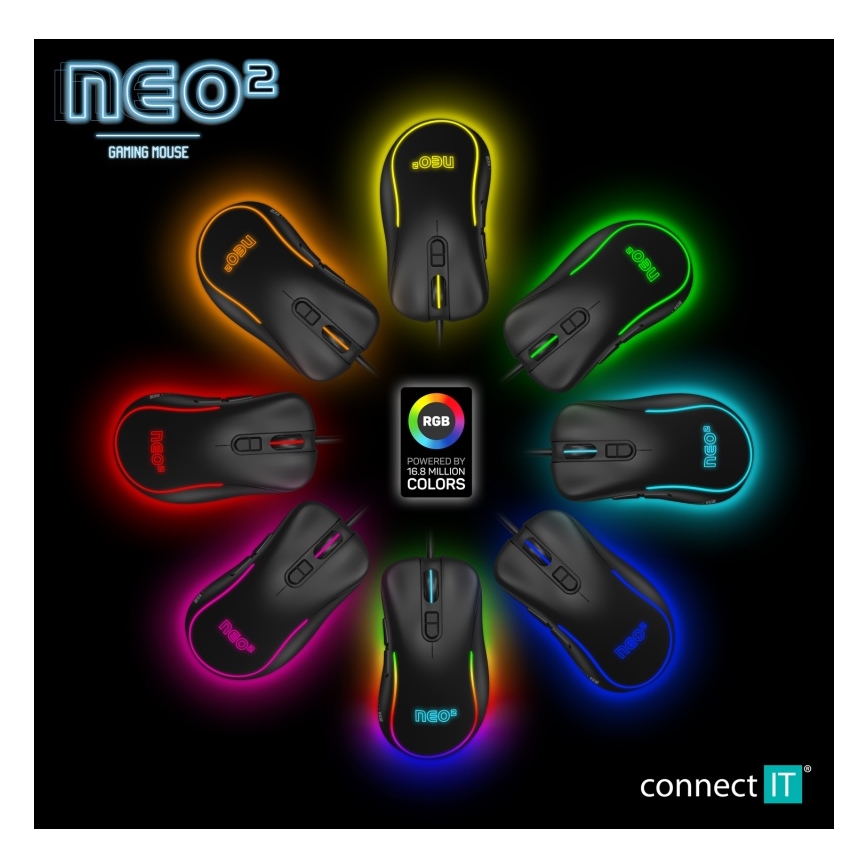 CONNECT IT CMO-3589-BK - LED gaming-mus m. ledning og RGB-farver 200-7200 DPI sort