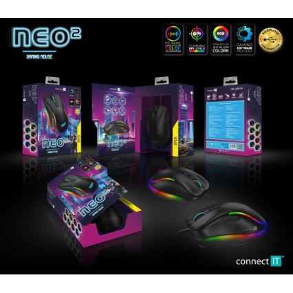 CONNECT IT CMO-3589-BK - LED gaming-mus m. ledning og RGB-farver 200-7200 DPI sort
