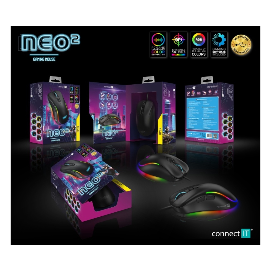 CONNECT IT CMO-3589-BK - LED gaming-mus m. ledning og RGB-farver 200-7200 DPI sort