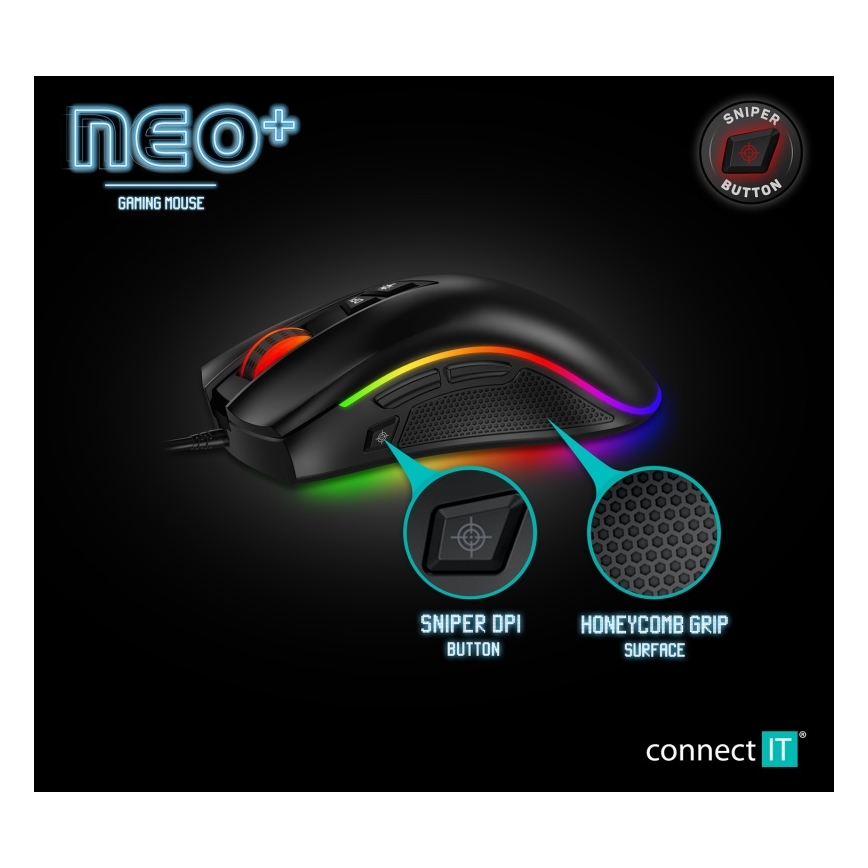 CONNECT IT CMO-3591-BK - LED gamingmus m. ledning og RGB-farver 500-7200 DPI sort
