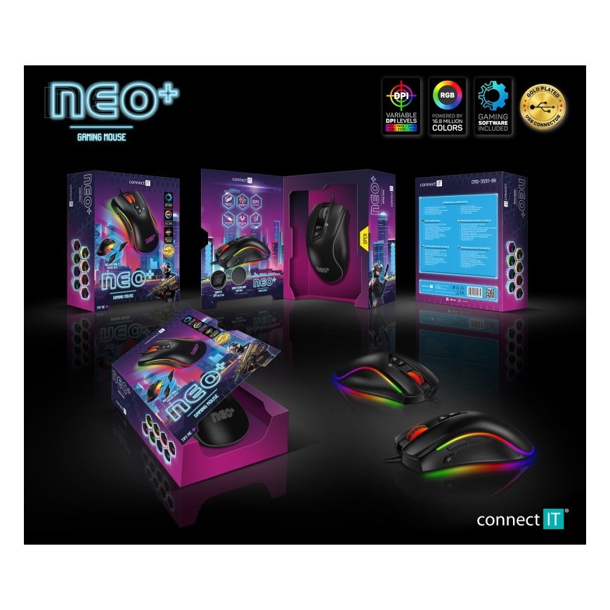 CONNECT IT CMO-3591-BK - LED gamingmus m. ledning og RGB-farver 500-7200 DPI sort