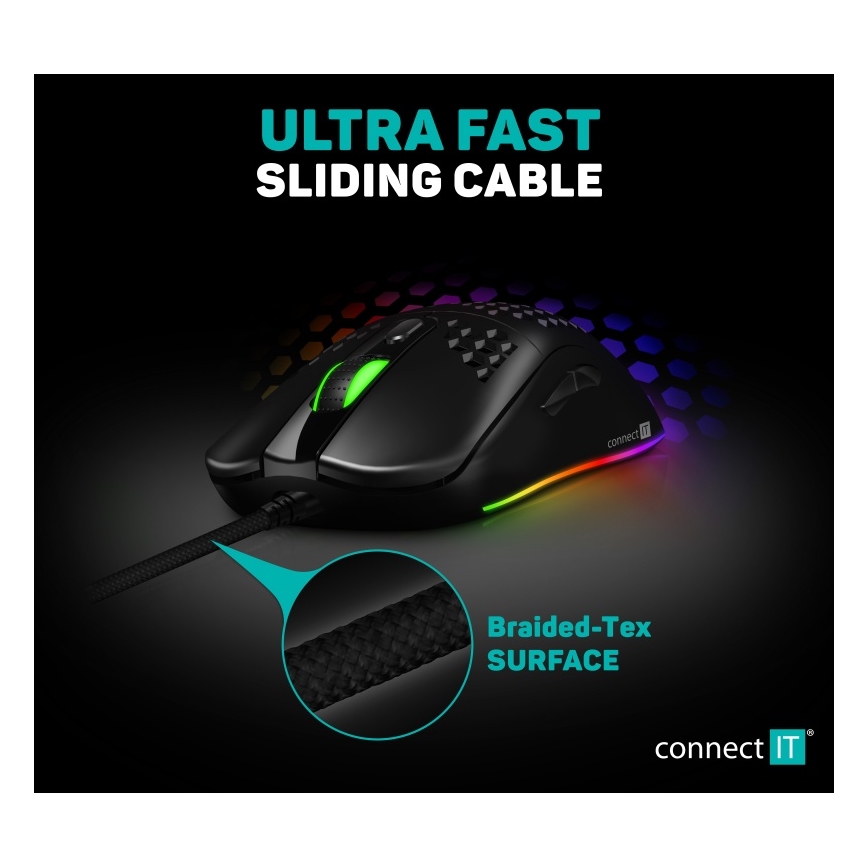 CONNECT IT CMO-5511-BK - LED gamingmus m. ledning og RGB-farver 200-12800 DPI sort