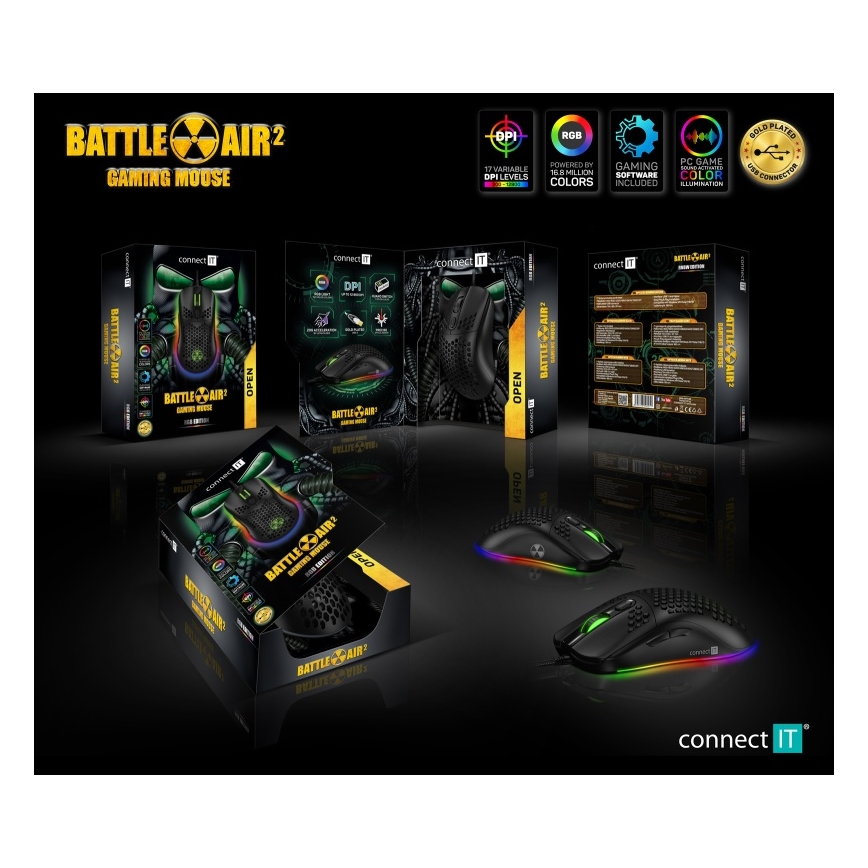 CONNECT IT CMO-5511-BK - LED gamingmus m. ledning og RGB-farver 200-12800 DPI sort