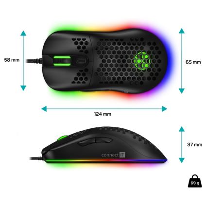 CONNECT IT CMO-5511-BK - LED gamingmus m. ledning og RGB-farver 200-12800 DPI sort