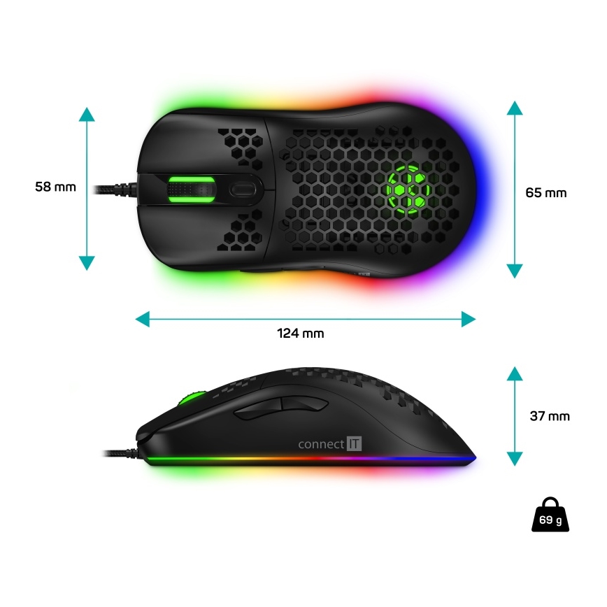 CONNECT IT CMO-5511-BK - LED gamingmus m. ledning og RGB-farver 200-12800 DPI sort