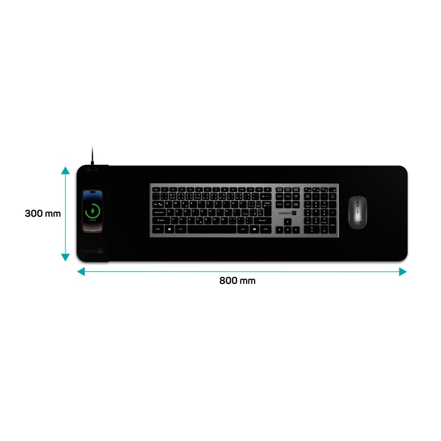 CONNECT IT CMP-2500-LG - Tastaturmåtte og mus med Qi trådløs opladning 80x30 cm sort