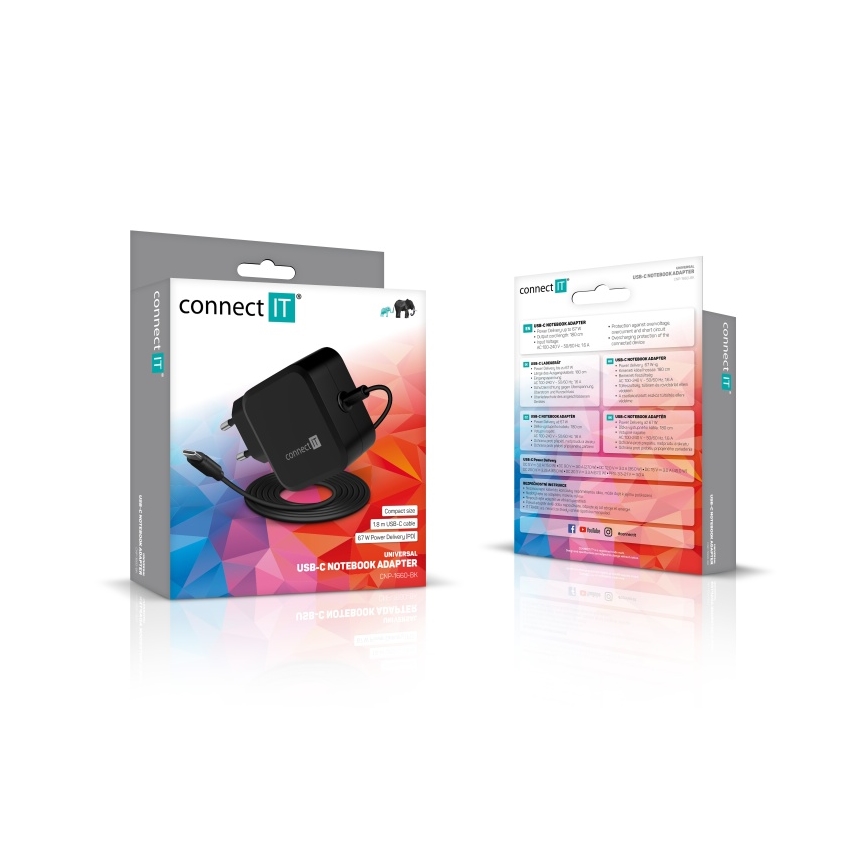 CONNECT IT CNP-1660-BK - Universal USB-C 67W strømforsyningsadapter til bærbare computere