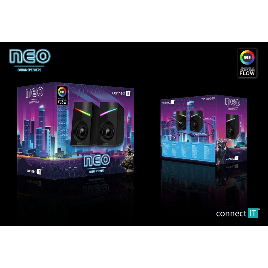 CONNECT IT CSP-1100-BK - 2x LED gaming-højtalere m. RGB-farver 6W/5V sort