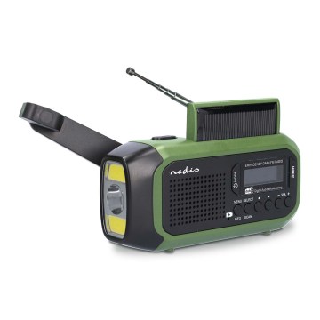 DAB+/FM-radio med håndsving, solcellepanel og LED-lommelygte 5V/2500 mAh, grøn/sort