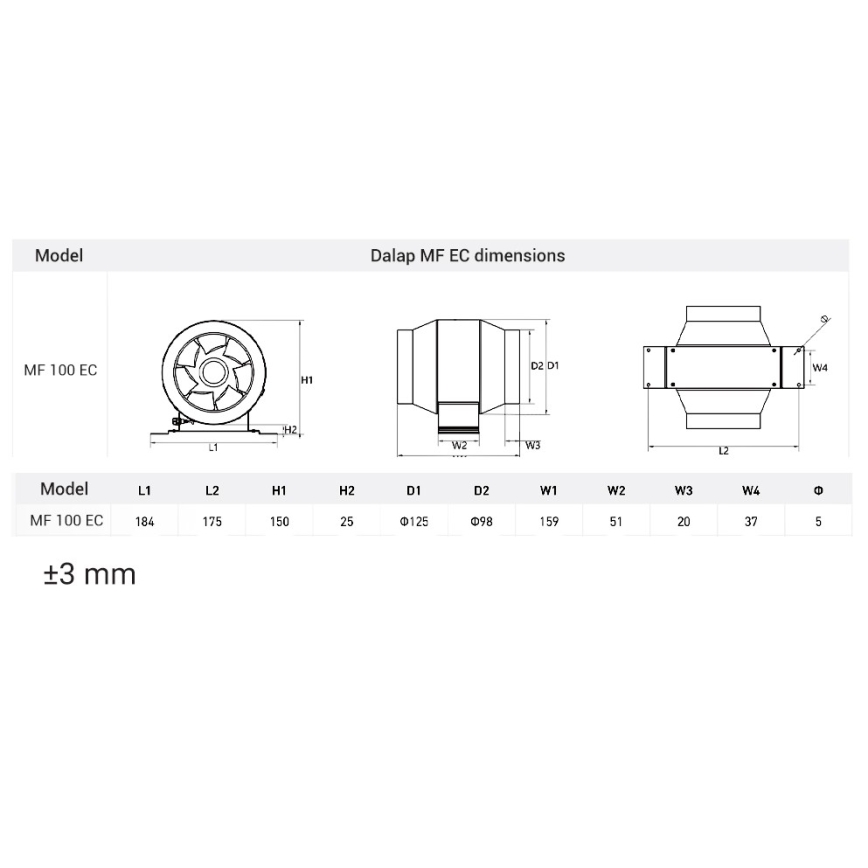 Dalap 24MF100 - Kanalventilator med energieffektiv motor og hastighedsregulator MF 100 EC 18W/230V
