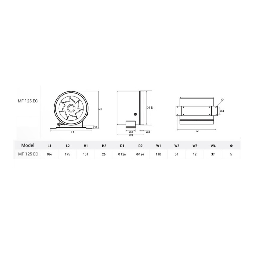 Dalap 24MF125 - Kanalventilator med energieffektiv motor og hastighedsregulator MF 125 EC 20W/230V