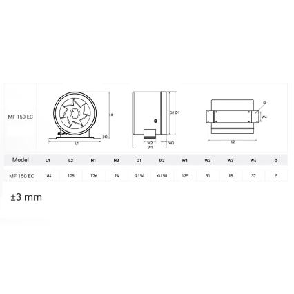 Dalap 24MF150 - Kanalventilator med energieffektiv motor og hastighedsregulator MF 150 EC 40W/230V