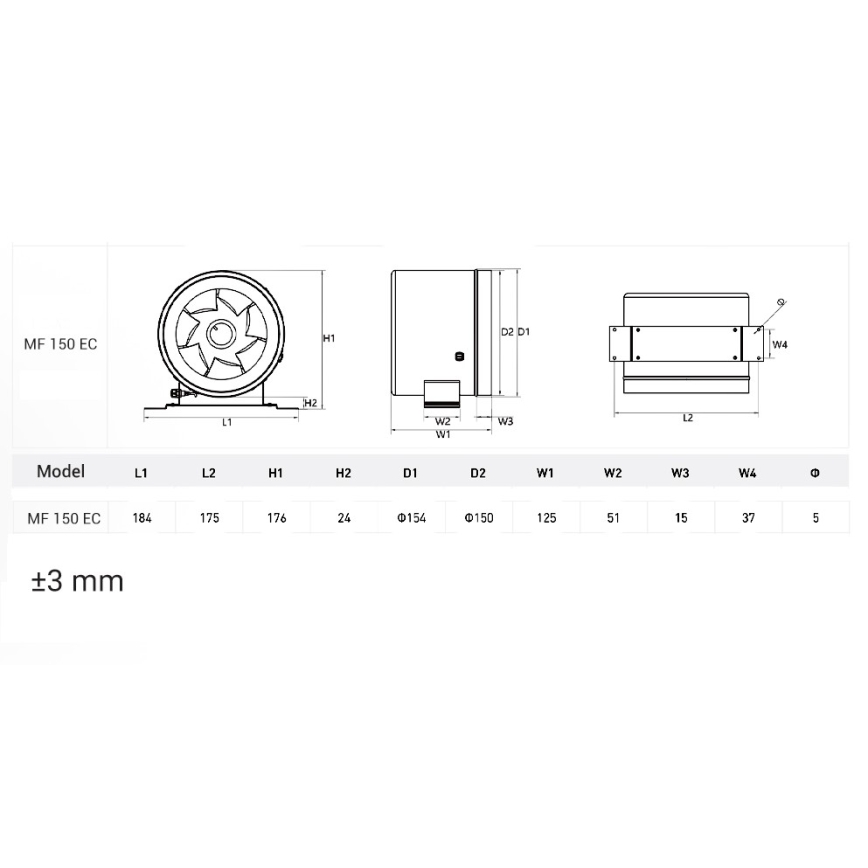 Dalap 24MF150 - Kanalventilator med energieffektiv motor og hastighedsregulator MF 150 EC 40W/230V