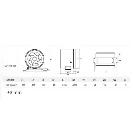 Dalap 24MF200 - kanalventilator med energieffektiv motor og hastighedsregulator MF 200 EC 75W/230V