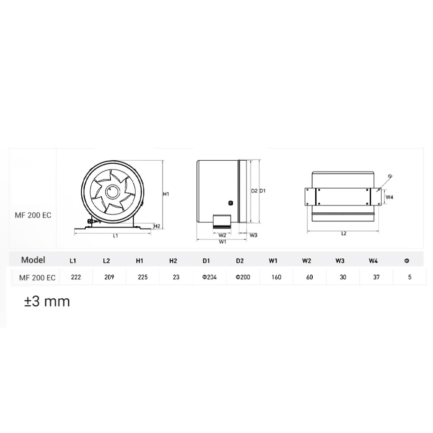 Dalap 24MF200 - kanalventilator med energieffektiv motor og hastighedsregulator MF 200 EC 75W/230V