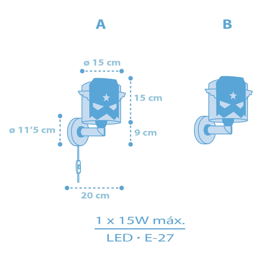 Dalber 61819 - Væglampe til børn BLÅ HERO 1xE27/15W/230V