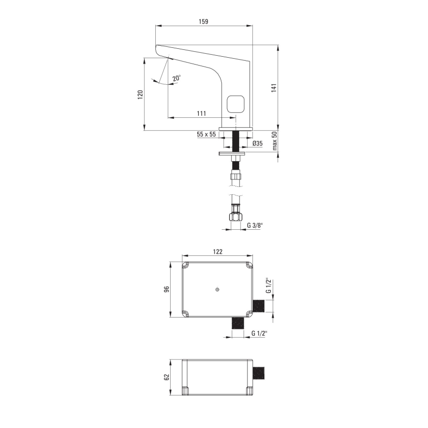 Deante BQH_029R - Touchfri håndvaskarmatur med temperaturregulering HIACYNT 4xAA skinnende krom