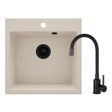 Deante ZQJN5103 - Køkkenvask EVORA 50x50 cm + Hane til håndvask m. fleksibel arm granit/beige