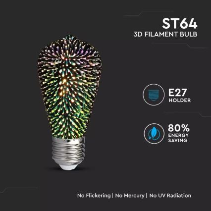 Dekorativ 3D LED-pære FILAMENT ST64 E27/3W/230V 3000K